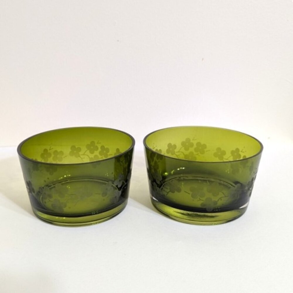 Elegant‎ Avocado Green Etched Floral Glass Bowls Set of 2